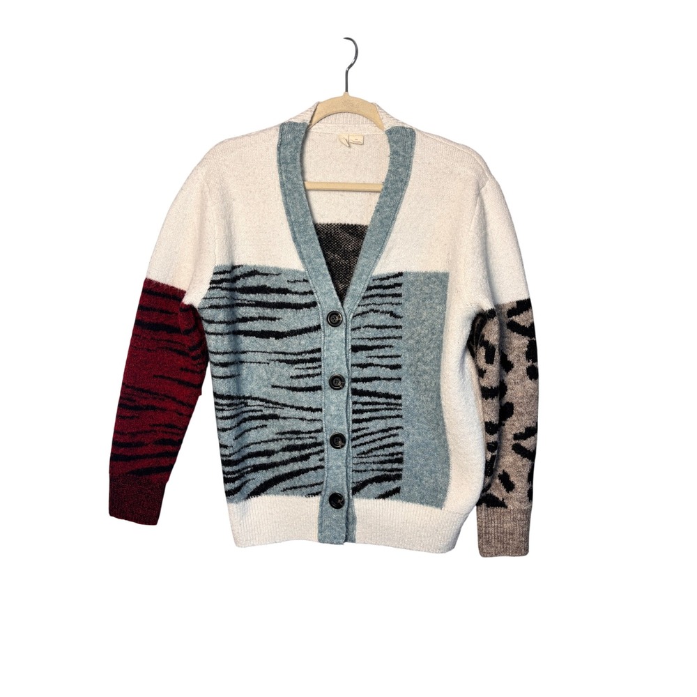 Moth Anthropologie Cardigan M Multi Animal Print Patchwork Eclectic Winter Artsy